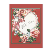 Vintage Valentine With Pink Roses Bow and Heart