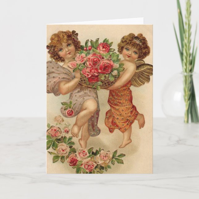 Vintage Valentines Cherubs Holding Flowers Holiday Card (Front)