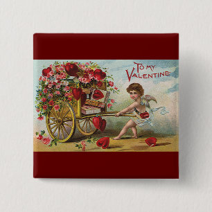 Vintage Valentines Day Angel, Cart of Love Hearts 2 Inch Square Button
