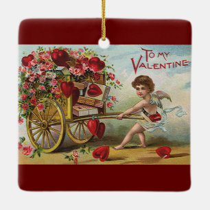 Vintage Valentines Day Angel, Cart of Love Hearts Ceramic Ornament