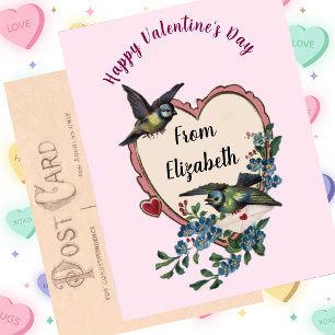 Vintage Valentine's Day Card Bird Flowers Heart