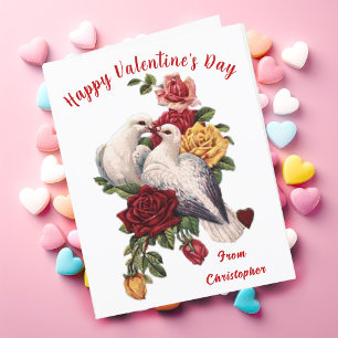 Vintage Valentine's Day Card Floral Doves Hearts