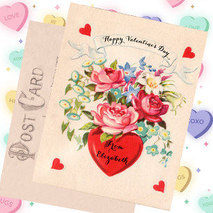 Vintage Valentine's Day Card Heart and Flowers