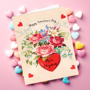 Vintage Valentine's Day Card Heart and Flowers