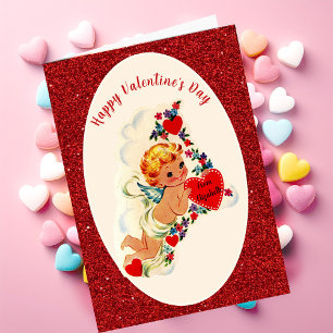 Vintage Valentine's Day Card Red Glitter Cupid 