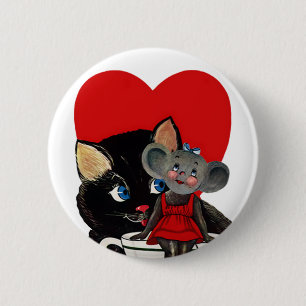 Vintage Valentine's Day, Cat Mouse Tea Cup Heart 2 Inch Round Button