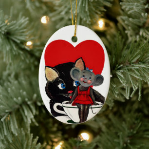 Vintage Valentine's Day, Cat Mouse Tea Cup Heart Ceramic Ornament