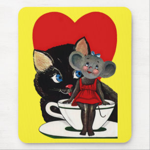 Vintage Valentine's Day, Cat Mouse Tea Cup Heart Pad