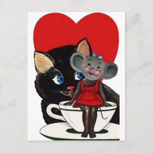 Vintage Valentine's Day, Cat Mouse Tea Cup Heart Postcard