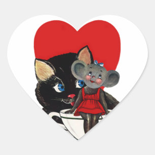 Vintage Valentine's Day, Cat Mouse Tea Cup Heart Sticker