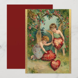 Vintage Valentine's Day Cherubs Heart Gold Holiday Card