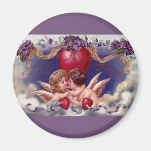 Vintage Valentine's Day, Cherubs Hug in Clouds Magnet