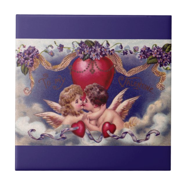 Vintage Valentine's Day, Cherubs Hug in Clouds Tile (Front)