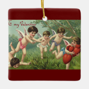Vintage Valentine's Day Cherubs with Love Hearts Ceramic Ornament