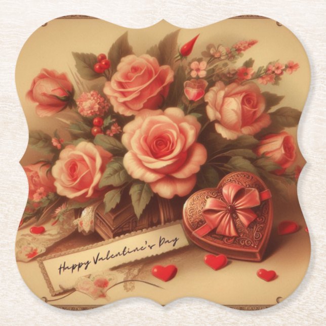 Vintage Valentine's Day Chocolates and Flowers Paper Coaster (Front)