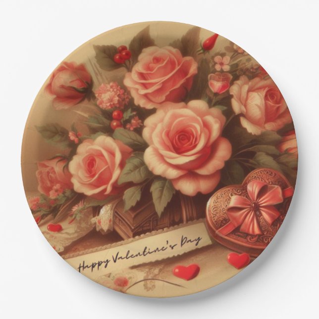 Vintage Valentine's Day Chocolates and Flowers Paper Plate (Front)