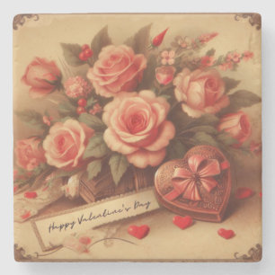 Vintage Valentine's Day Chocolates and Flowers Stone Coaster