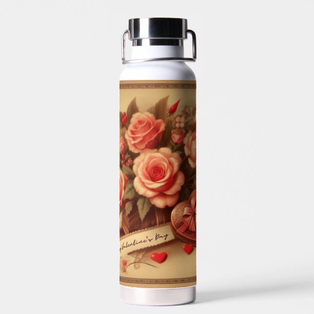 Vintage Valentine's Day Chocolates and Flowers Water Bottle (Back)