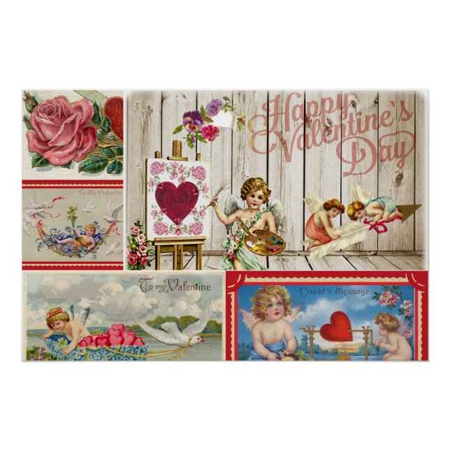 Vintage Valentine's Day Collage - Angels, Hearts  Poster (Front)