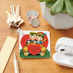 Vintage Valentine's Day, Cute Boy and Girl in Car Keychain