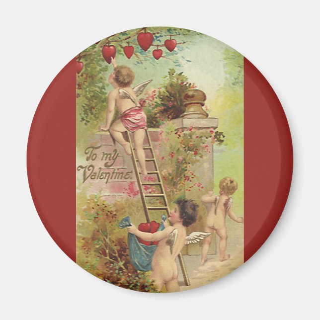 Vintage Valentine's Day, Cute Cherubs Climb Ladder Magnet (Front)