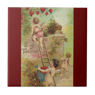 Vintage Valentine's Day, Cute Cherubs Climb Ladder Tile
