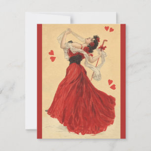 Vintage Valentine's Day, Dancing Lady Red Hearts Holiday Card