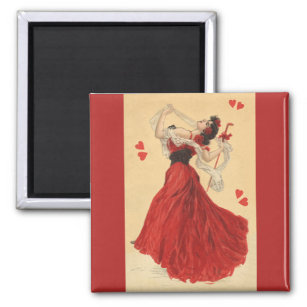 Vintage Valentine's Day, Dancing Lady Red Hearts Magnet