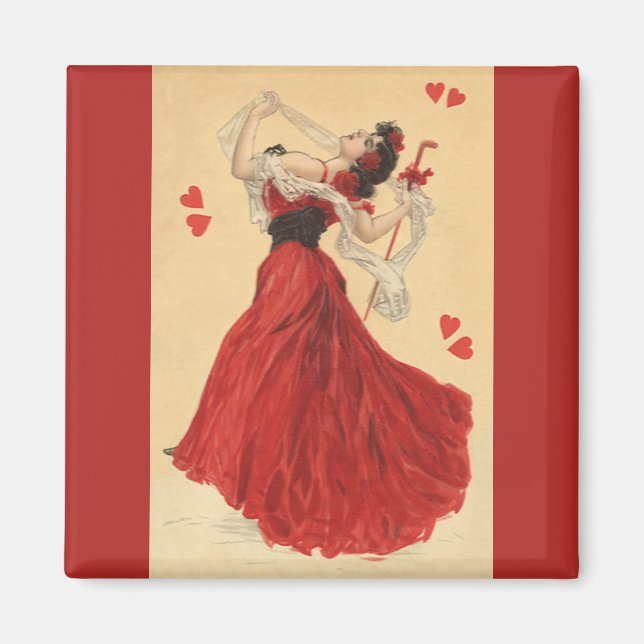 Vintage Valentine's Day, Dancing Lady Red Hearts Magnet (Front)