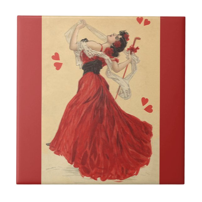 Vintage Valentine's Day, Dancing Lady Red Hearts Tile (Front)