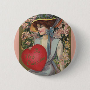 Vintage Valentine's Day, Elegant Lady with Heart 2 Inch Round Button
