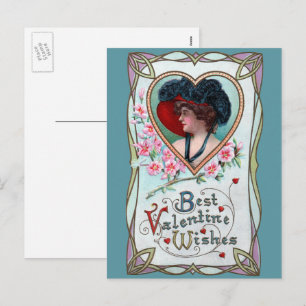 Vintage Valentine's Day, Elegant Woman in a Heart Holiday Postcard