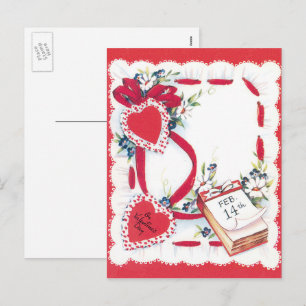 Vintage Valentine's Day Hearts, Flowers and Ribbon Holiday Postcard