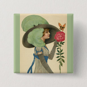 Vintage Valentine's Day, Lady Red Rose Butterfly 2 Inch Square Button