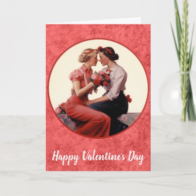 Vintage Valentines Day Lesbian Couple Card (Front)