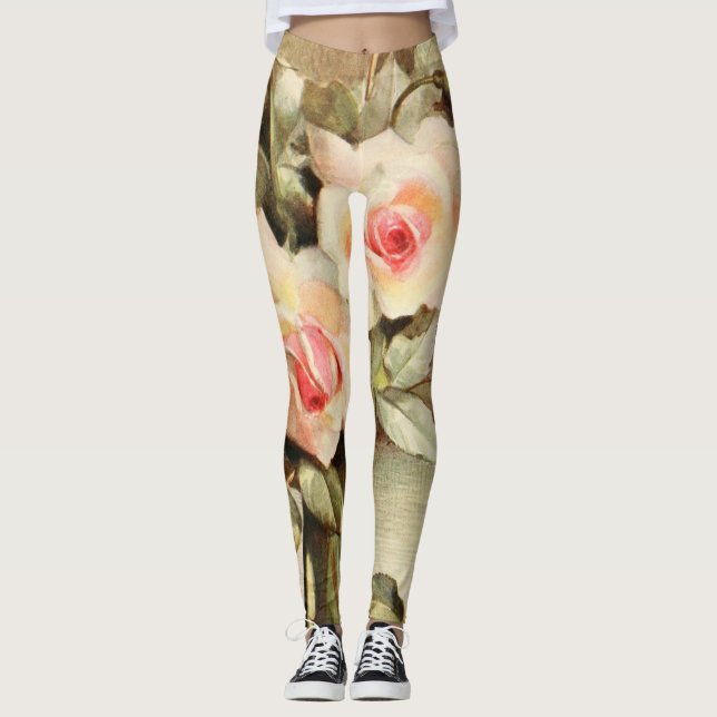 Vintage Valentine's Day Love Romance Pink Roses Leggings (Front)