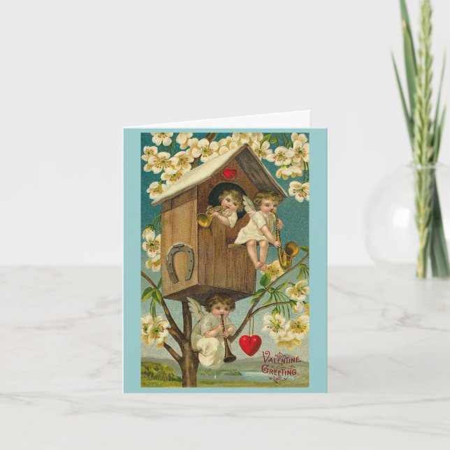 Vintage Valentine's Day Treehouse Cherubs Holiday Card (Front)