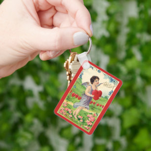 Vintage Valentines Day, Victorian Angel with Heart Keychain