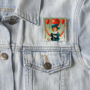 Vintage Valentines Day, Victorian Boy with Hearts 2 Inch Square Button