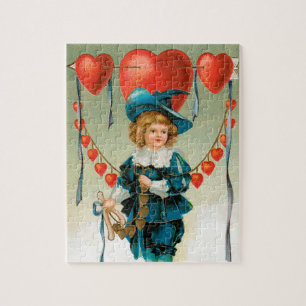 Vintage Valentines Day, Victorian Boy with Hearts Jigsaw Puzzle