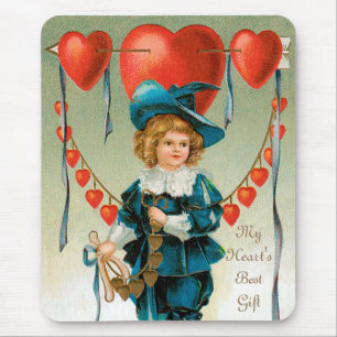 Vintage Valentines Day, Victorian Boy with Hearts Mouse Pad