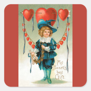 Vintage Valentines Day, Victorian Boy with Hearts Square Sticker