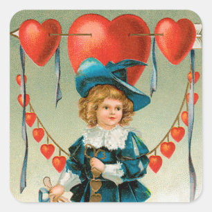 Vintage Valentines Day, Victorian Boy with Hearts Square Sticker