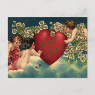 Vintage Valentines Day Victorian Cherubs in Heaven Holiday Postcard