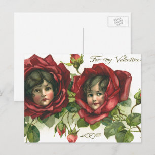 Vintage Valentine's Day, Victorian Faces in Roses Holiday Postcard