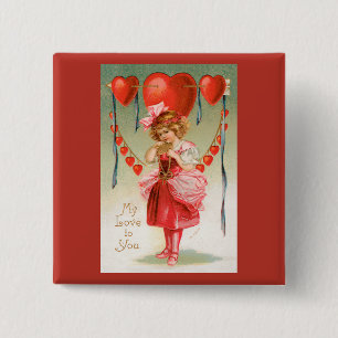 Vintage Valentines Day, Victorian Girl with Hearts 2 Inch Square Button