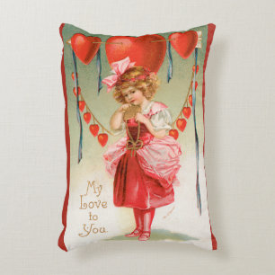 Vintage Valentines Day, Victorian Girl with Hearts Accent Pillow