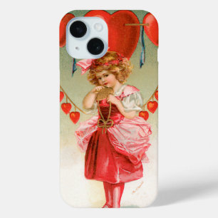 Vintage Valentines Day, Victorian Girl with Hearts iPhone 15 Case