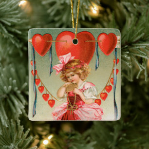 Vintage Valentines Day, Victorian Girl with Hearts Ceramic Ornament