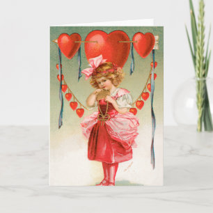 Vintage Valentines Day, Victorian Girl with Hearts Holiday Card